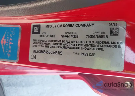 2014 Chevrolet Spark Ls Auto z USA, uszkodzony, nr VIN KL8CB6S95EC543123